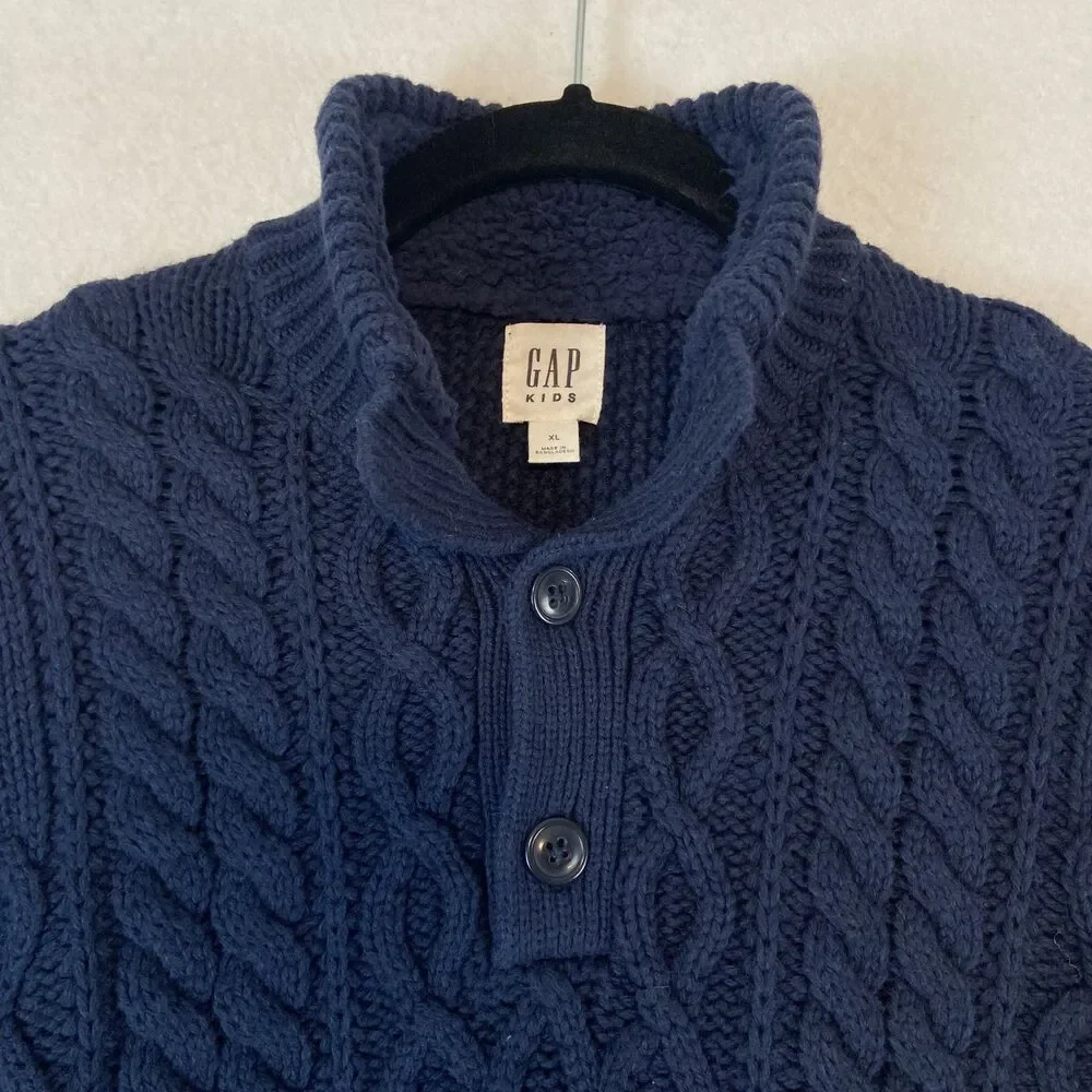 GAP Kids Chunky Cable Knit‎ Fisherman Sweaters Boys Sz XL Navy Blue Wool Preppy